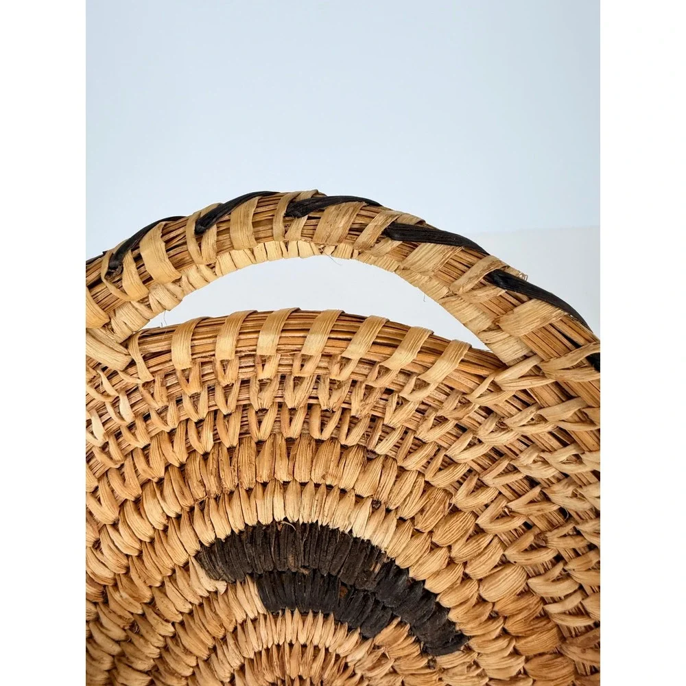 Small Woven Basket Trinket Dish with Handles Natural Raffia Black Vintage papago